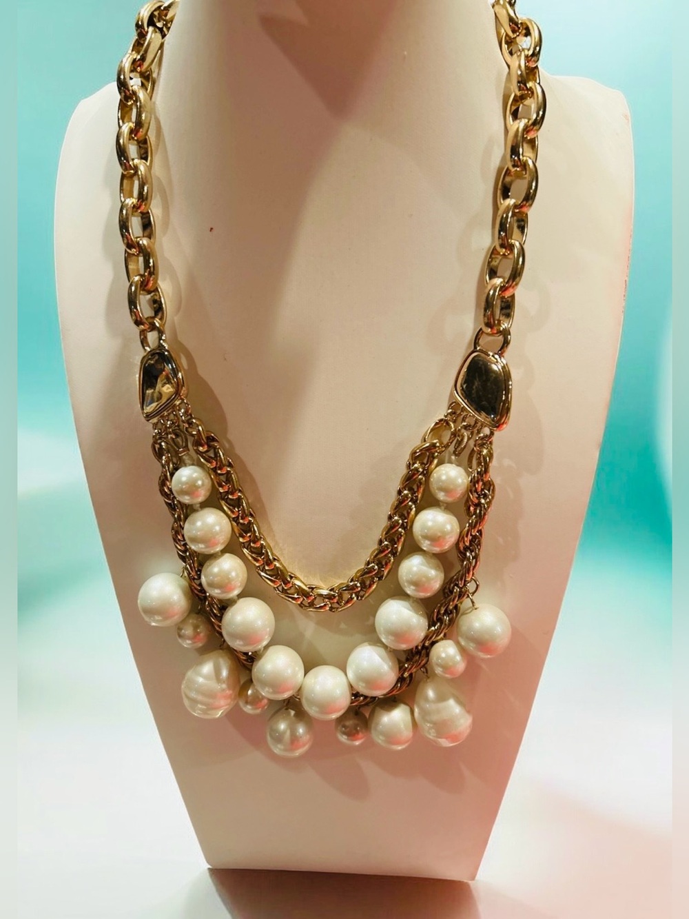 Vintage Kim Roger’s Gold Chain Necklace with White Faux Pearls - Women Jewelry